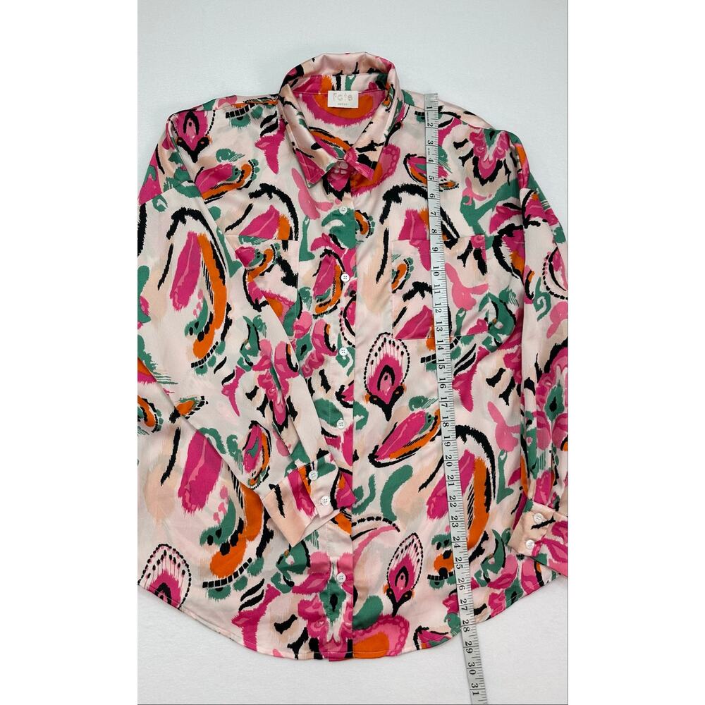 Fate Abstract Paisley Satin Button Down Blouse Pink Green Orange Size Medium - Picture 8 of 10